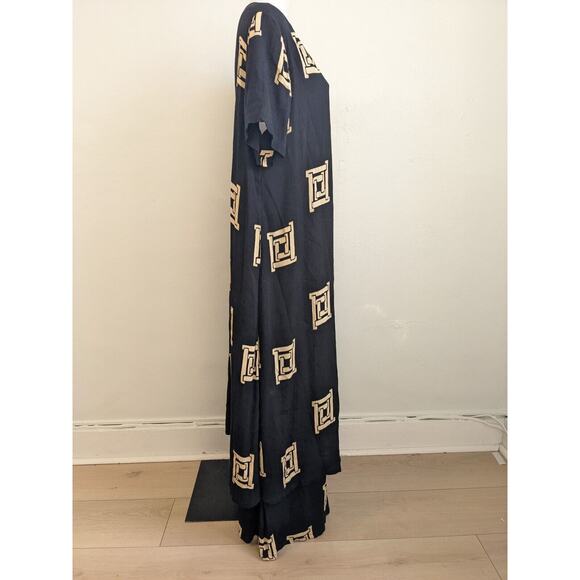 Vintage Krisa Medium Overlay Maxi Dress Black Tan Windowpane Short Sleeves Boho - Picture 9 of 15